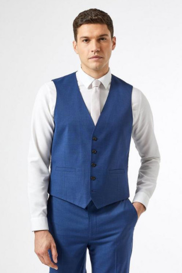 Blue Texture Slub Slim Fit Waistcoat